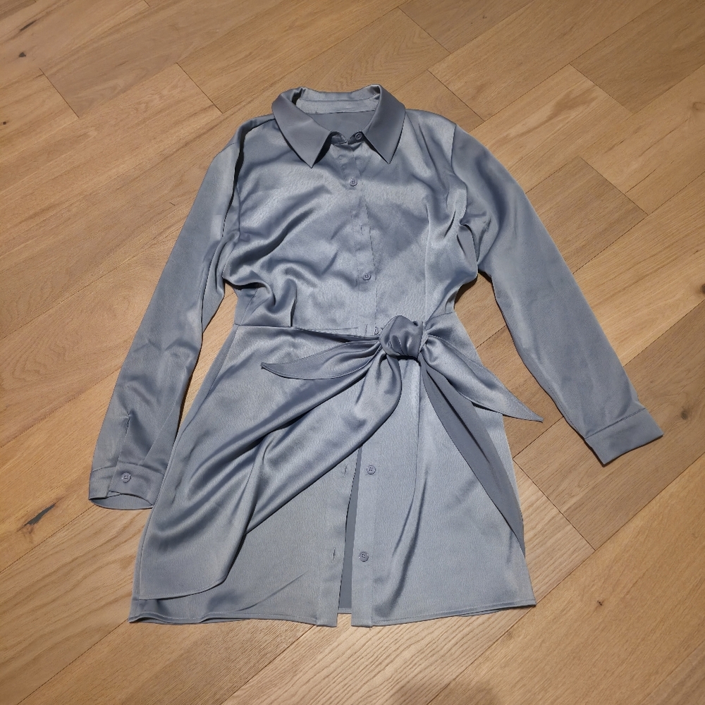 H&M Elegant Blue Satin Shirt Dress